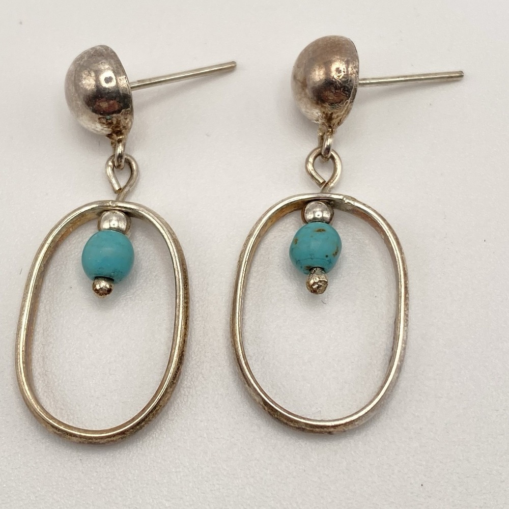 MEX 925 Sterling Silver Earrings Turquoise Color Stone Post Dangle Style Antique